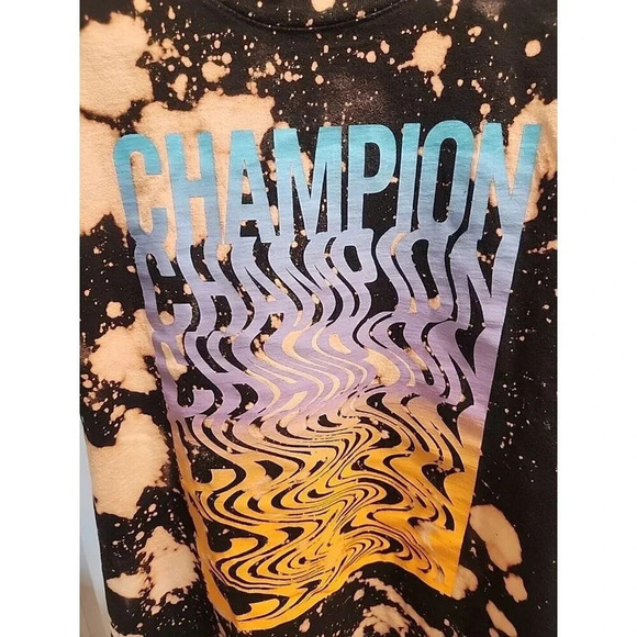 Champion Men's Melting Script Graphic Logo Tee Shirt Custom Bleach Dye Sz L - Picture 3 of 7